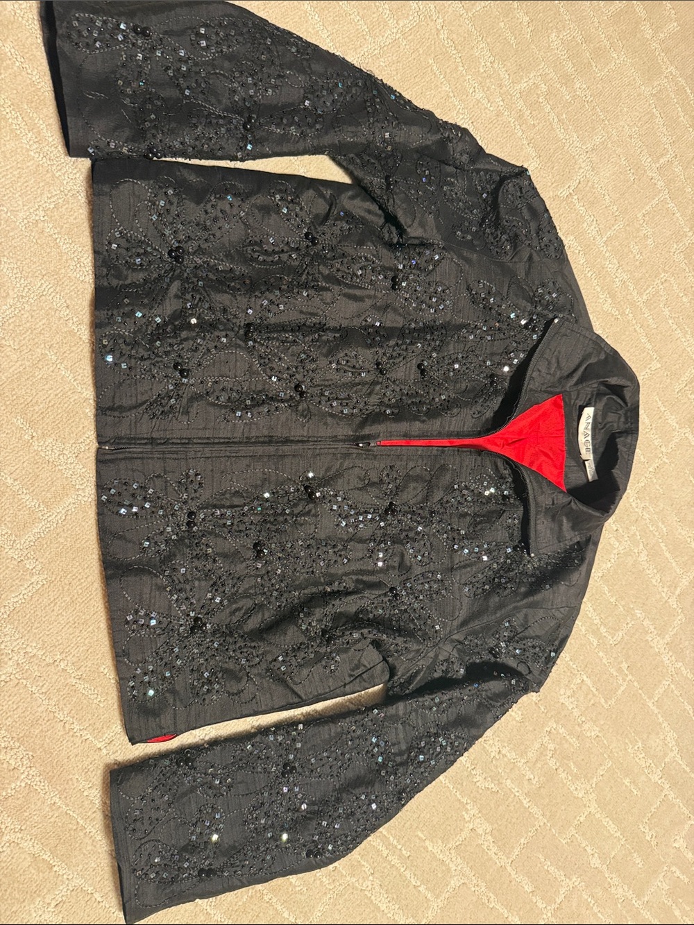 Anage Vintage Black Beaded Bomber Jacket with Red Trim